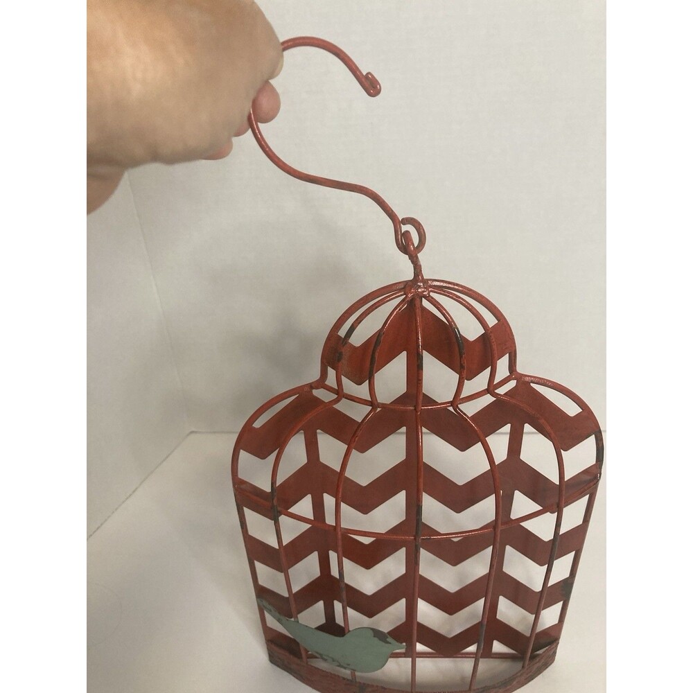 Rustic Bird Cage Red Teal Metal Wire Hanging Wall Mount Decorative Decor 13x8 - Picture 4 of 8